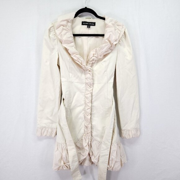 Blanc Noir Belted Coat Size Medium Puff Ruffle Trim Ivory Snap Button Midi - Picture 1 of 15